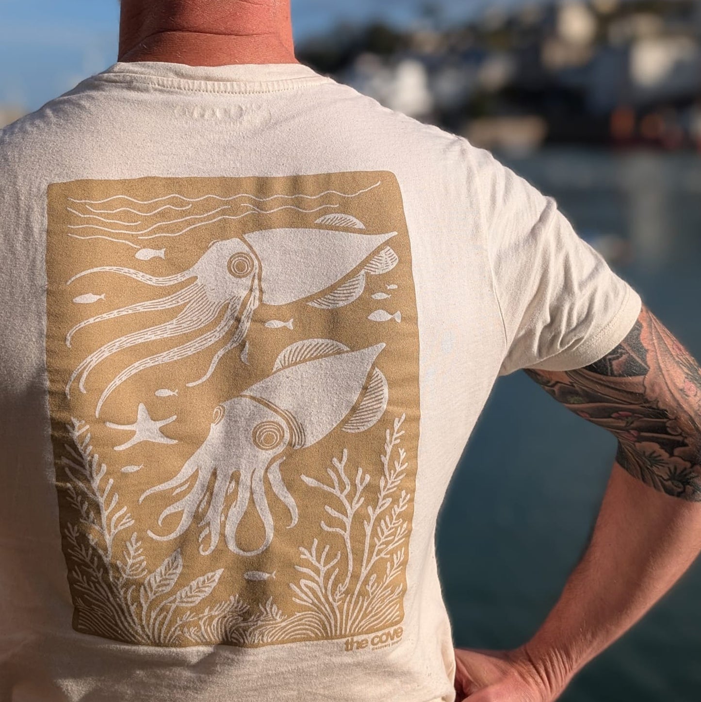 Organic cotton t-shirt, cuttlefish, natural, cream, Ethical fashion South Devon, sustainable beachwear, Ethical t-shirts UK, tee, Clothing for ocean lovers, Sustainable casual wear, Marine life-inspired clothing, Coastal lifestyle wear, unisex, mens, womens,