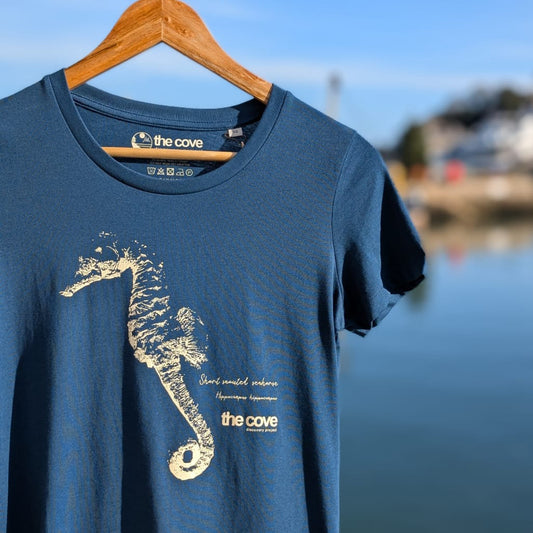 Organic cotton t-shirts, Ethical fashion South Devon, sustainable beachwear, Ethical t-shirts UK, tee, grey seal, Clothing for ocean lovers, Sustainable casual wear, Marine life-inspired clothing, Coastal lifestyle wear, ladies fit, womens, seahorse,